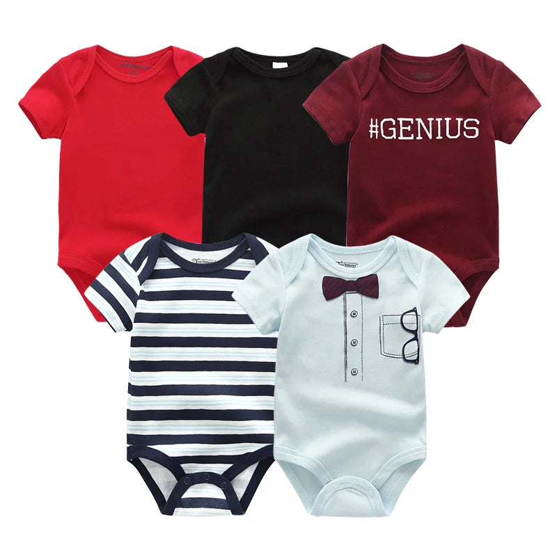 New Born Bodysuits Unisex 5Pieces Baby Girl Clothes Solid Color Cotton Baby Boy Clothes Set Cartoon Print Summer Bebes