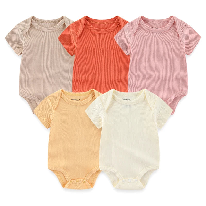 New Born Bodysuits Unisex 5Pieces Baby Girl Clothes Solid Color Cotton Baby Boy Clothes Set Cartoon Print Summer Bebes