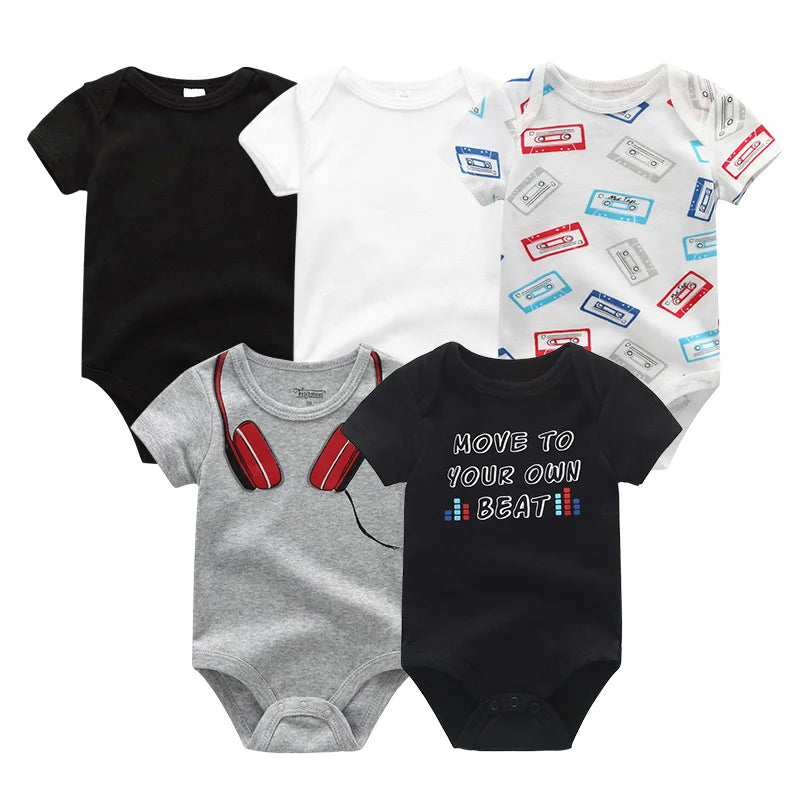 New Born Bodysuits Unisex 5Pieces Baby Girl Clothes Solid Color Cotton Baby Boy Clothes Set Cartoon Print Summer Bebes