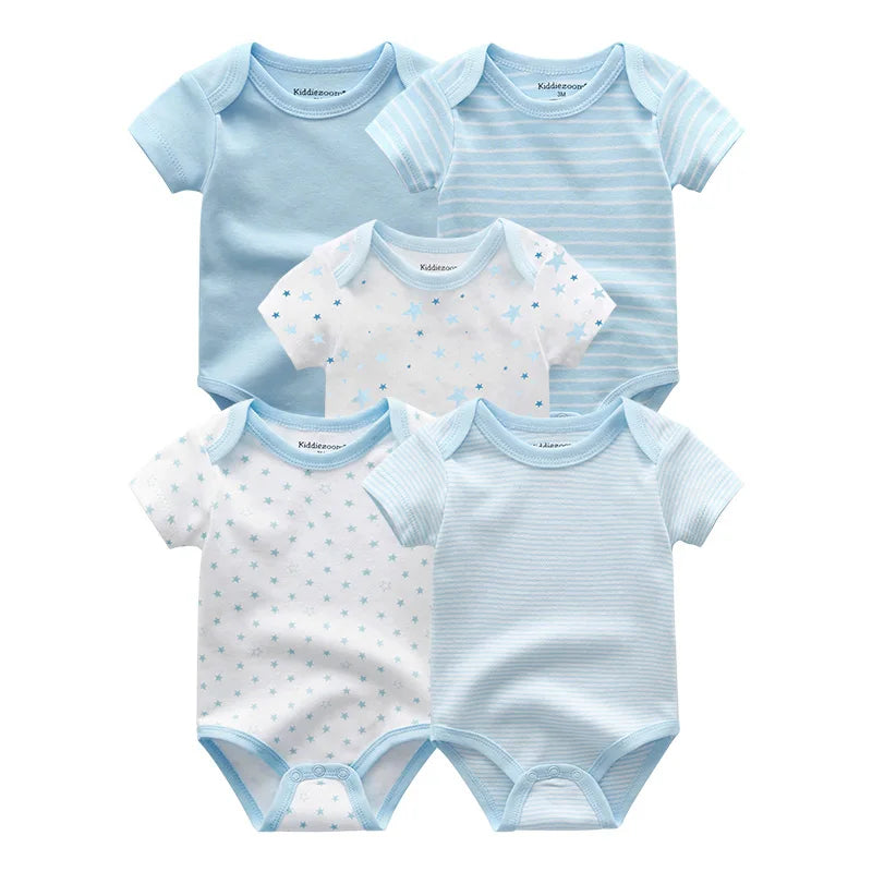 New Born Bodysuits Unisex 5Pieces Baby Girl Clothes Solid Color Cotton Baby Boy Clothes Set Cartoon Print Summer Bebes