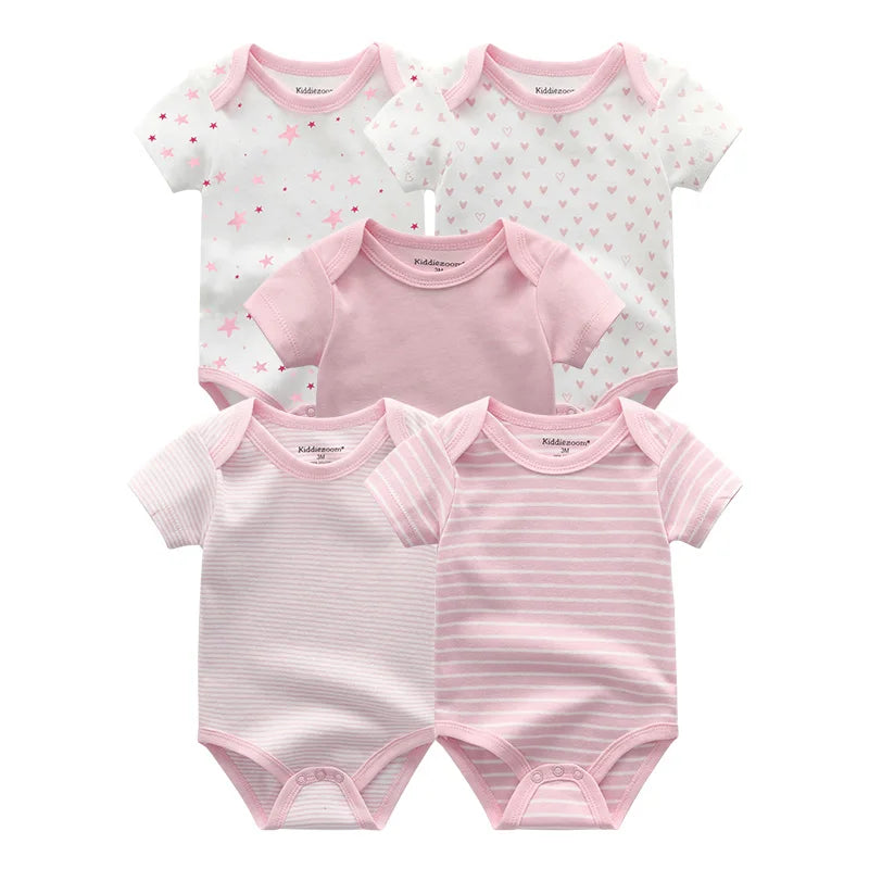New Born Bodysuits Unisex 5Pieces Baby Girl Clothes Solid Color Cotton Baby Boy Clothes Set Cartoon Print Summer Bebes