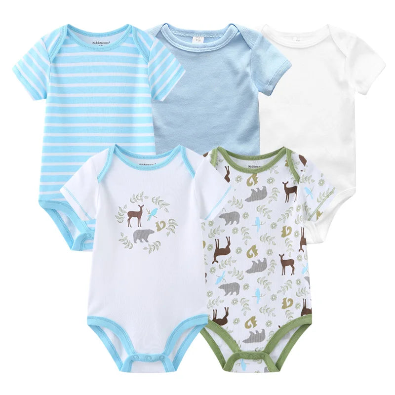 New Born Bodysuits Unisex 5Pieces Baby Girl Clothes Solid Color Cotton Baby Boy Clothes Set Cartoon Print Summer Bebes